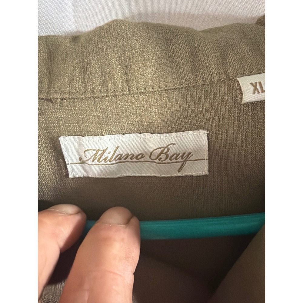 Milano Bay Mens XL Bowling Shirt Olive Green Cream Vertical Stripe Rayon Blend - Picture 3 of 8